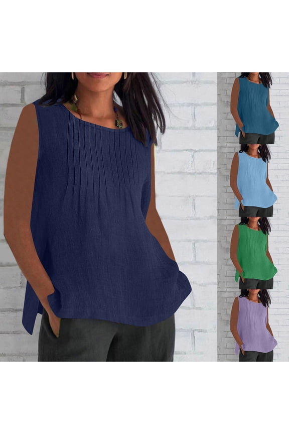 Womens Plus Size Tank Tops Cotton Linen Textured Sleeveless Shirts Pleated Crewneck Side Split T-Shirts Oversized Solid Color Tee