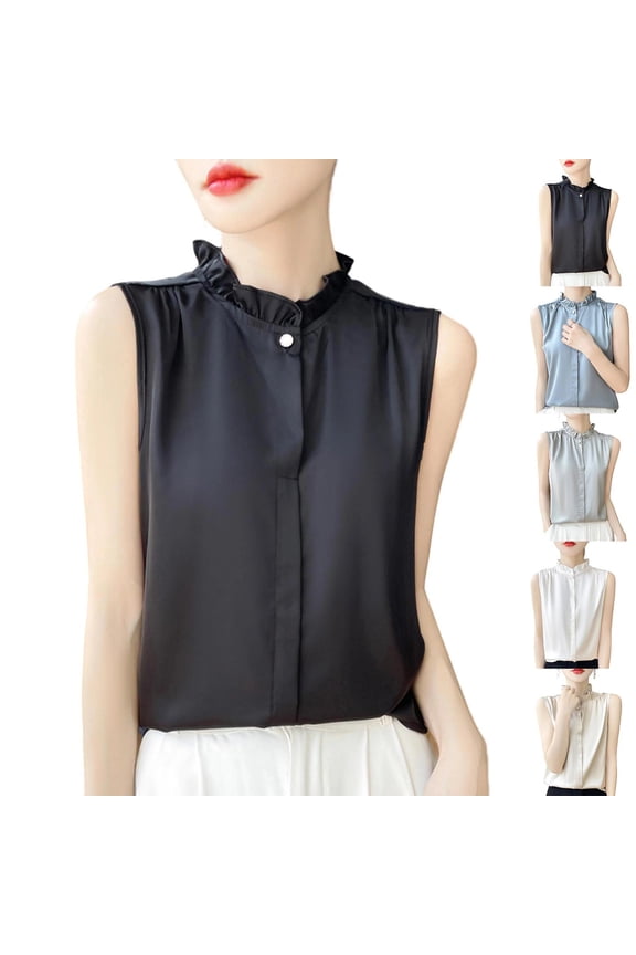 Womens Plus Size Tank Tops Ruffle Mock Neck Sleeveless Shirts Loose Fit Solid Color Tunic Top Dressy Casual Work Business Blouses