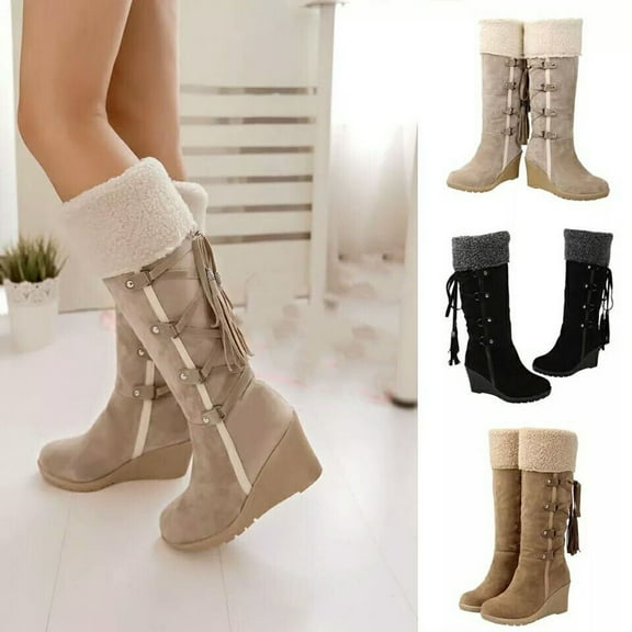 TKYCMSUAKI Womens Rain Boots, Women's Wedge Boots Winter Snow Boots with Fur Liner Wide Calf Cowgirl Slip On Western Boots Knee High Shoes