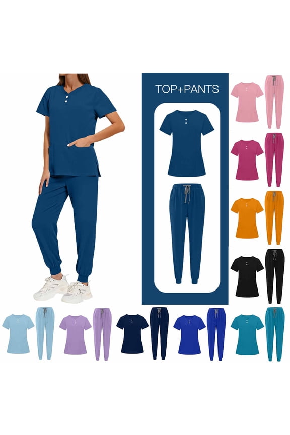 Womens Scrubs 2 Piece Set Short Sleeve V Neck Buttons Top Elastic Waist Jogger Pants Set Nurse Uniform Scrub Workwear