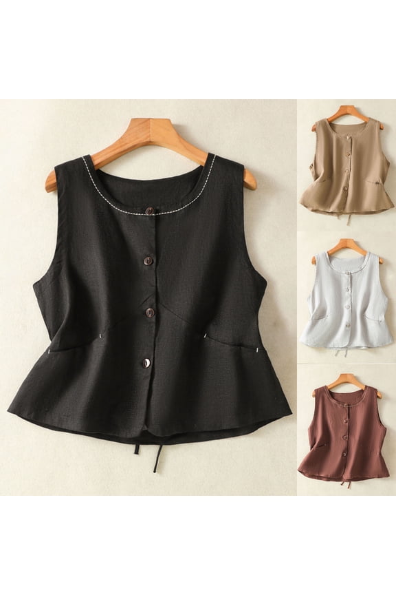 Womens Sleeveless Crew Neck Shirts Cotton Linen Lightweight Button Down Tank Tops Loose Fit Textured Blouses Summer Casual Solid Color Tee