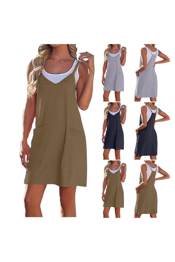 Womens Summer Dresses 2 Piece Spaghetti Straps Short Sleeve Mini Dress Vacation Solid Color Beach Sundress with Pockets