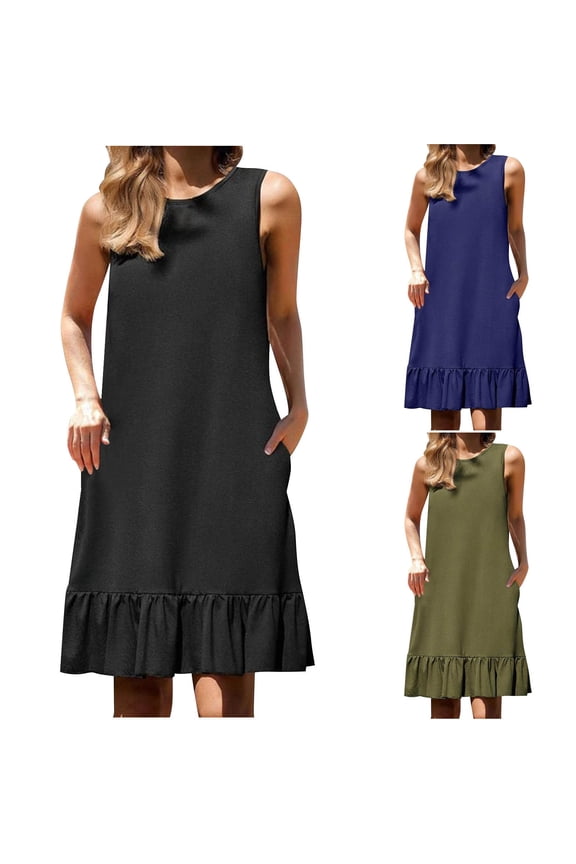 Womens Summer Dresses Plus Size Sleeveless Tank Dress Solid Color Ruffle Midi Dress Casual Beach Sundress with Pockets