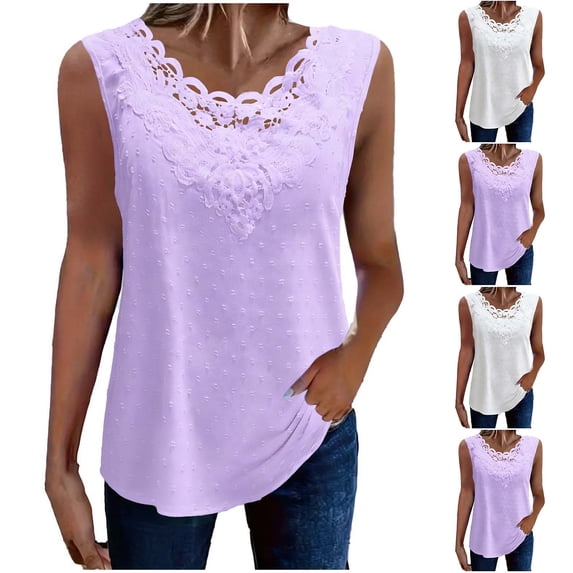 TKYCMSUAKI Womens Tank Tops Comfy Chiffon Lace Patchwork Sleeveless Shirts Trendy V Neck Solid Color T-Shirts Summer Casual Blouses