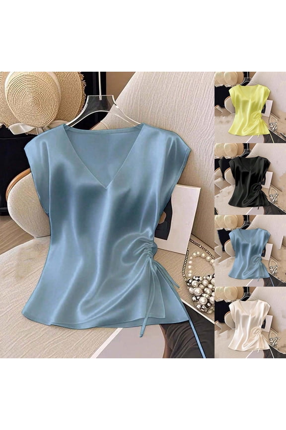 Womens Tank Tops Satin Sleeveless V Neck Tie Side Shirts Solid Color Loose Fit Tunic Top Summer Comfy Lightweight T-Shirts