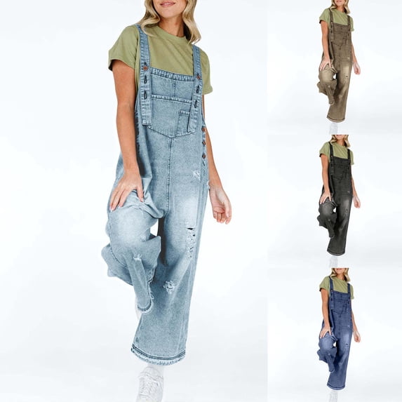 TKYCMSUAKI Womens Wide Leg Overalls Vintage Adjustable Straps Denim Jumpsuits Comfy Baggy Casual Pants with Pockets