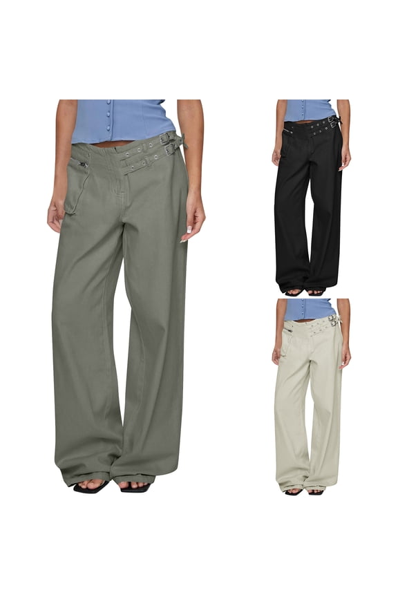 Womens Wide Leg Pants Trendy Buckle Adjustable Waist Casual Trousers Mid Rise Baggy Y2k Pants with Zip Pocket