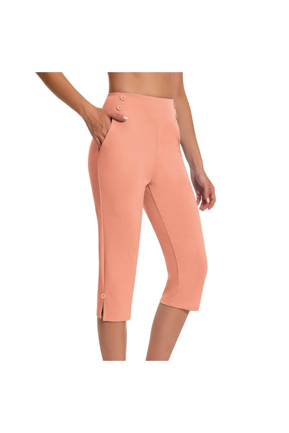 Yoga Capri Pants for Women Plus Size Casual Elastic High Waisted Cropped Pant Summer Solid Color Workout Leggings with Pockets