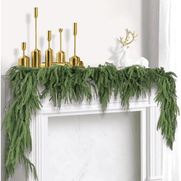 TKYHRMAS 2Pcs 6FT Christmas Garlands, Real Touch Norfolk Pine Artificial Faux Greenery for Fireplace Mantle Christmas Decor, Green