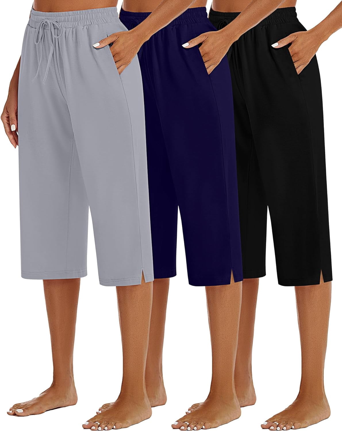 Huukeay Women's Plus Size Capri Pants | 3 Pack Wide Leg Drawstring Sweatpants With Pockets