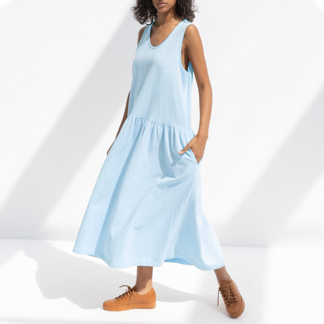Seta T Women's Sleeveless Tiered Midi Dress | Crewneck, Flowy A-Line With Pockets, 100% Rayon