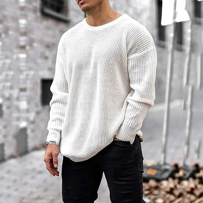 TKing Fashion Men Autumn Winter Long Sleeve Solid Sweater Top Tee Blouse - White M