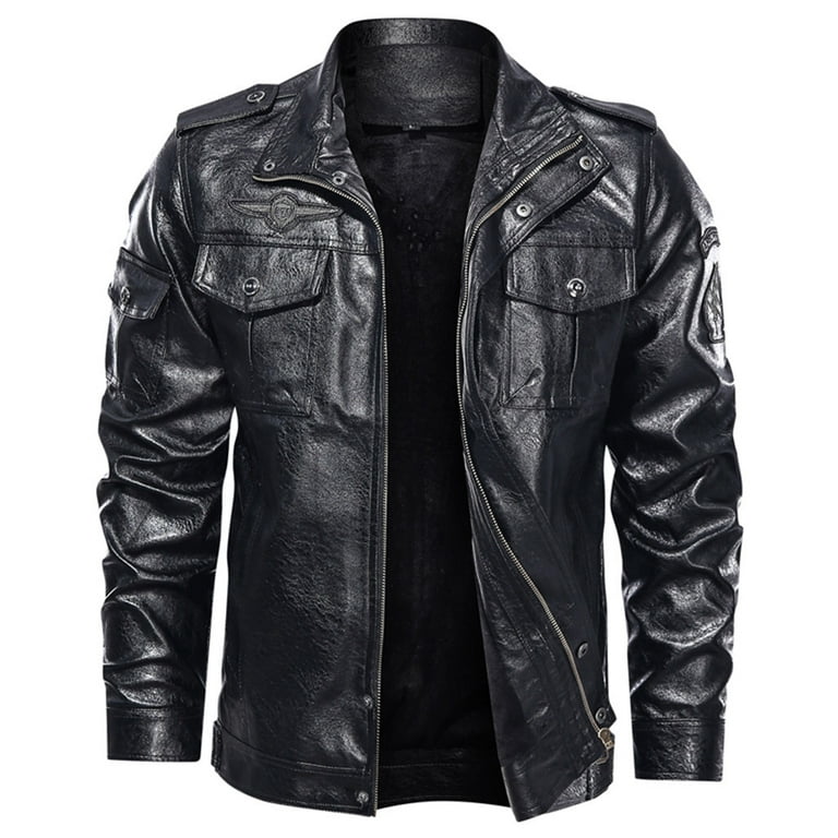 TKing Fashion Men's Fashion Jacket Color Zipper Stand Collar Imitation  Leather Jacket Tops - Black L
