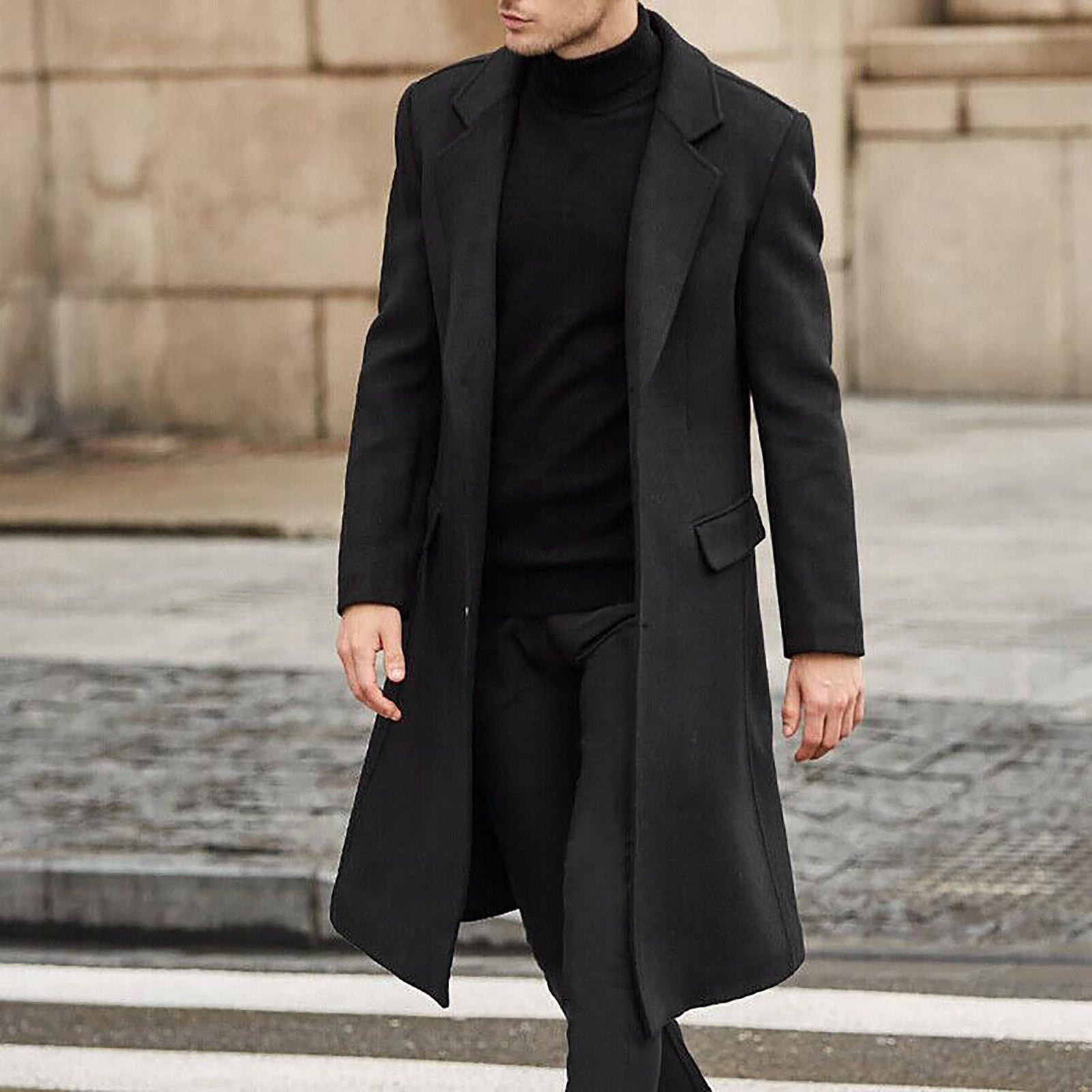 TKing Fashion Winter Fashion Men's Slim Fit Long Single Breasted Thermal  Wool Trench Jacket - Black 2XL