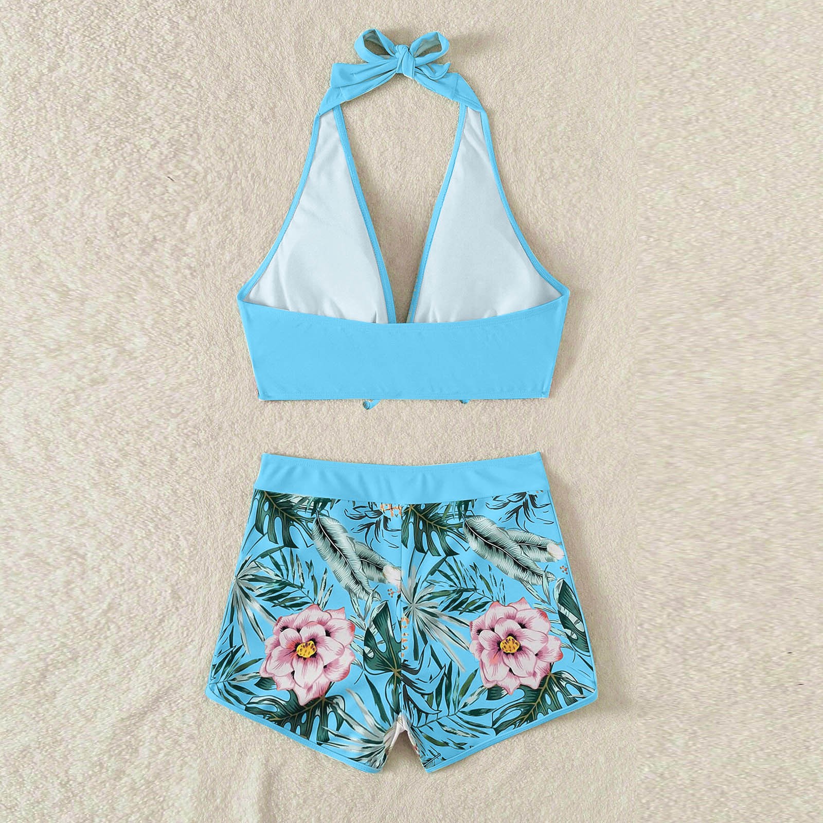 TKing Fashion Women's Bikini Sets 2 Piece Tropical Print Swimsuit Halter Top & Boy Short Bathing