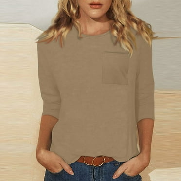 TKing Fashion Women's Casual 3/4 Sleeve Solid T-Shirts Round Neck Cute Tunic Tops Basic Tees Blouses Loose Fit Pullover With Pocket Khaki XXXL