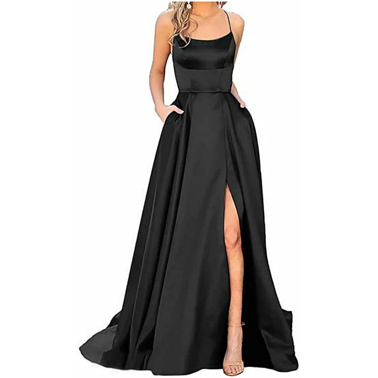Spaghetti Long A-line Side Slit Soft Satin Prom Dresses Spaghetti Long A-line Side Slit Soft Satin Prom Dresses