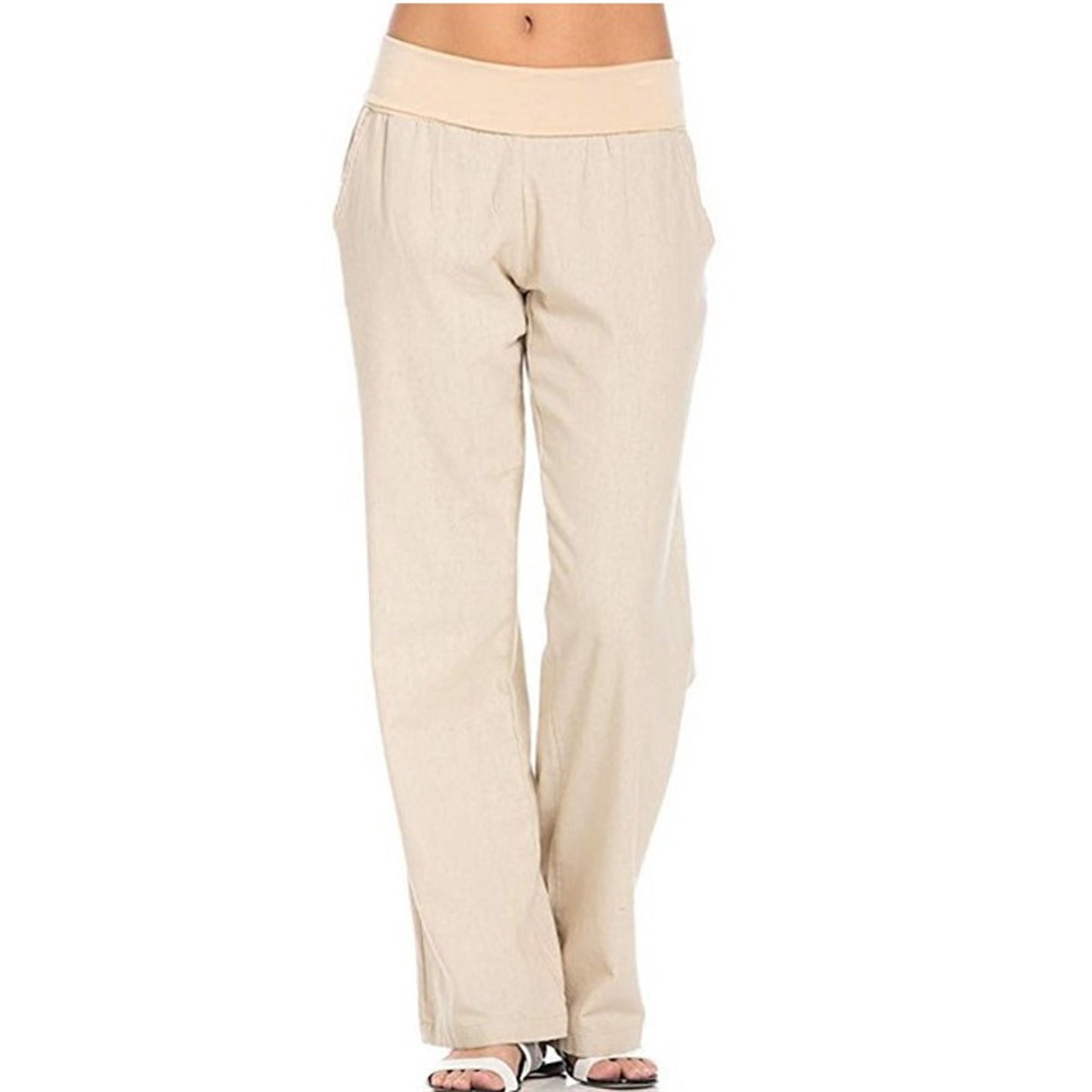 TKing Fashion Women's Pants Casual Cotton Linen Straight Pants Elastic