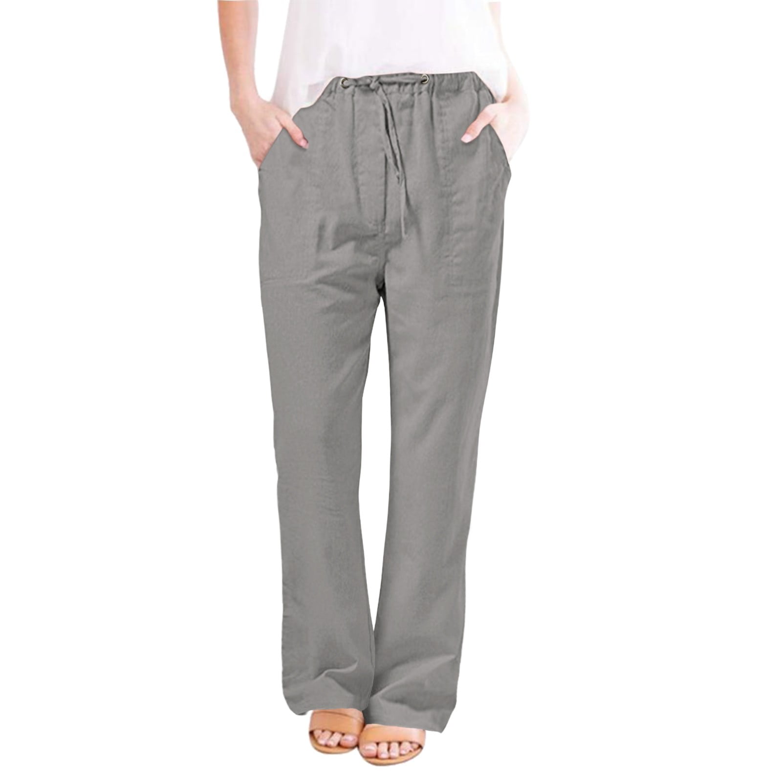 Ladies Wide & Loose Straight Leg Cotton Span Long Pants-Black main image 1