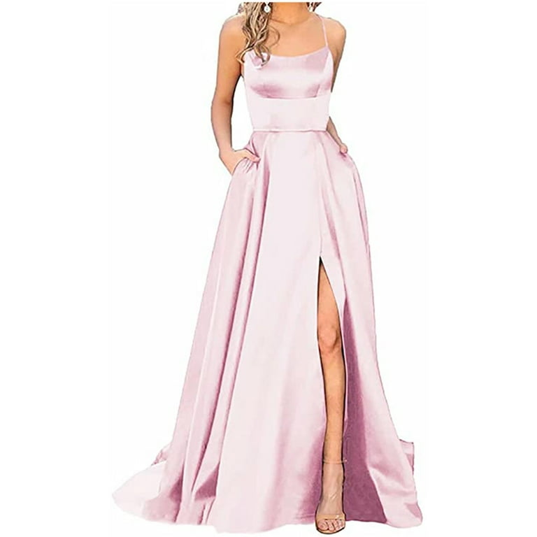 Spaghetti Long A-line Side Slit Soft Satin Prom Dresses Spaghetti Long A-line Side Slit Soft Satin Prom Dresses