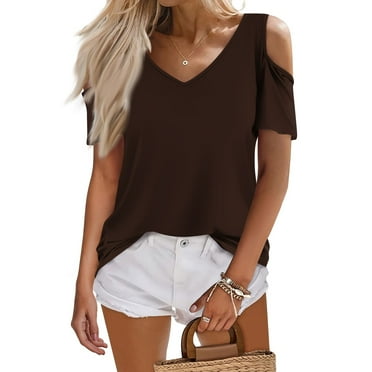 TKing Fashion Women's Short Sleeve Shirts V Neck Loose Fitting Tops Casual Solid T-shirts Trendy Basic Tunic Summer Ladies Tops Coffee XL