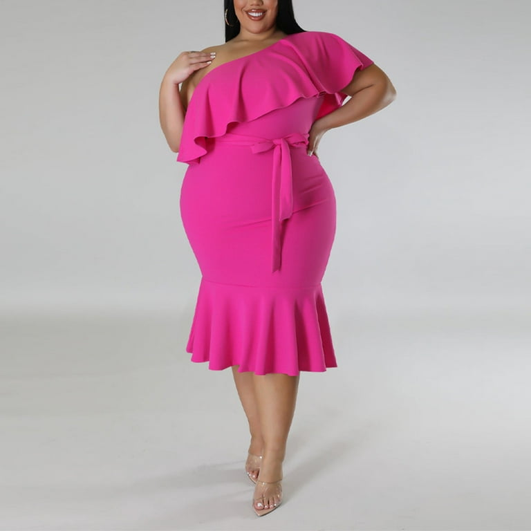 TKing Fashion Women's Summer Casual Solid Bodycon Dress One Shoulder One  Shoulder Midi Beach Dress Hot Pink 3XL