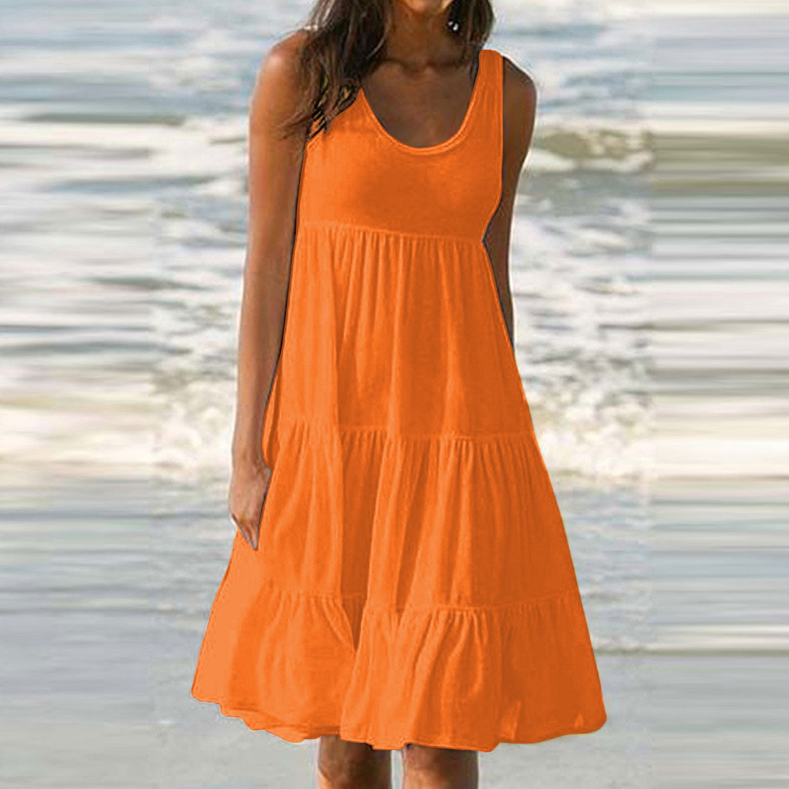 TKing Fashion Womens Summer Dresses 2024 Sleeveless Crewneck Smocked Elastic Waist Sundress