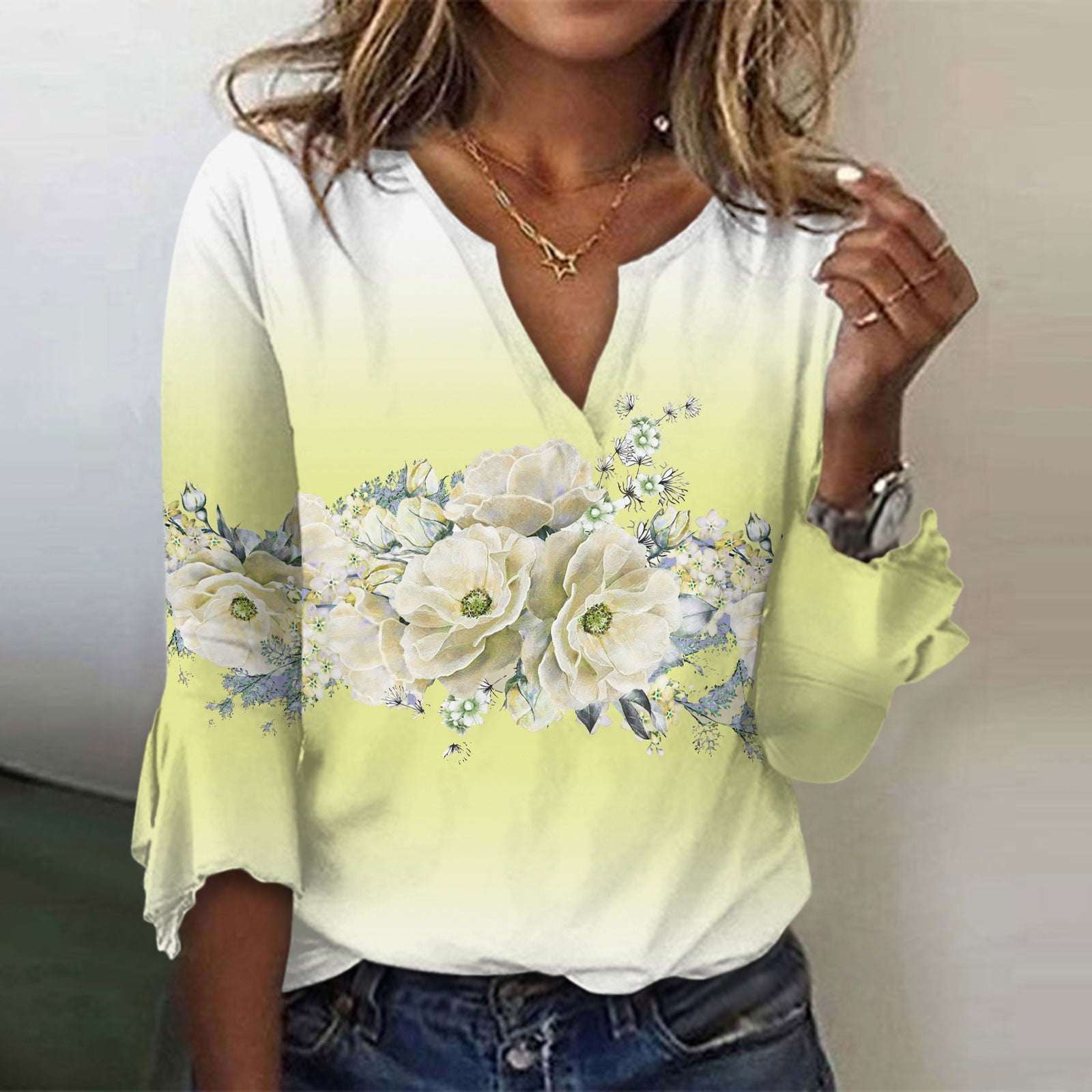TKing Fashion Womens Tops Top Loose Casual V-Neck Flower Print Blouses ...