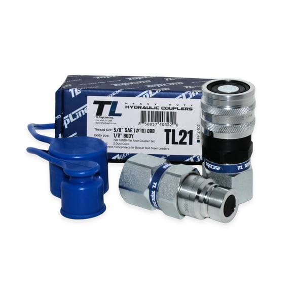 TL Topline 1/2" Body with 5/8" SAE O-Ring BOSS Thread | Flat Face Hydraulic Quick Connect Coupler | Skid Steer Bobcat Attachment | ISO 16028 Heavy-Duty Coupling Sets with Dust Caps | Model TL21