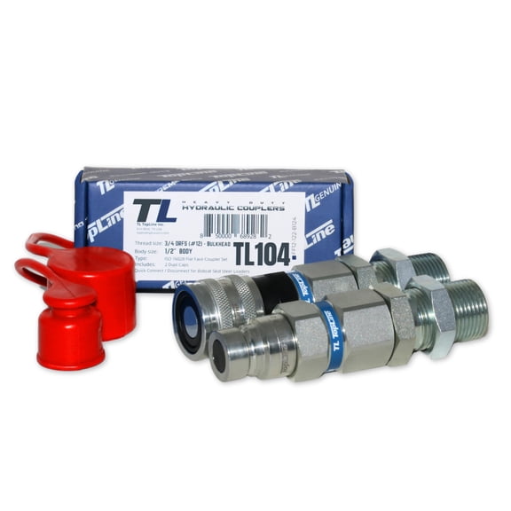 TL Topline Hydraulic Quick Connect Coupler | 3/4" ORFS Flat Face | 1/2" Body Size | ISO 16028 | Heavy-Duty Coupling Set with Dust Caps for Bobcat Bulkhead for Skid Steer Loaders | Model TL104