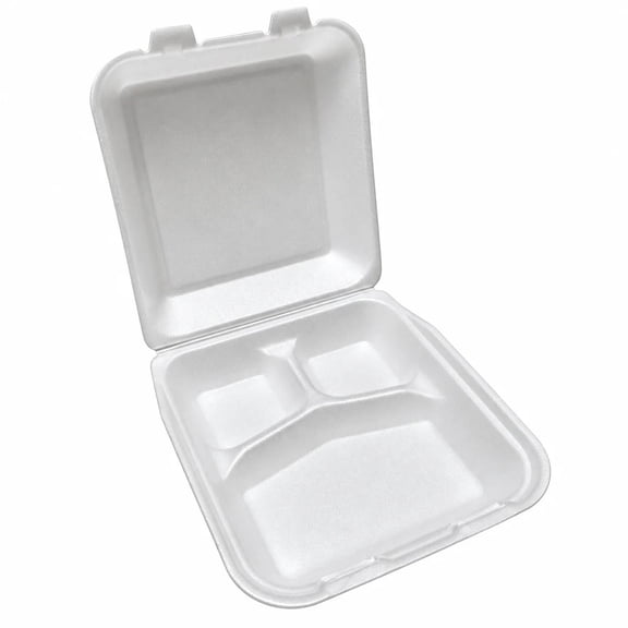 TLC Company T83S Perforated 3 Compartments Foam Take-Out Hinged Container, Hinged Lid, 8"x7.5"x2.5", White, 200 Count
