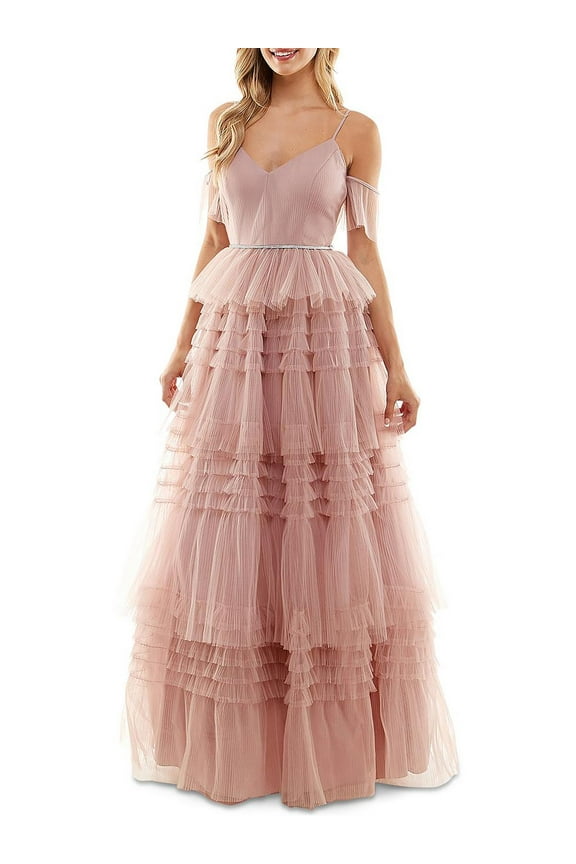 Womens Juniors Tiered Long Evening Dress