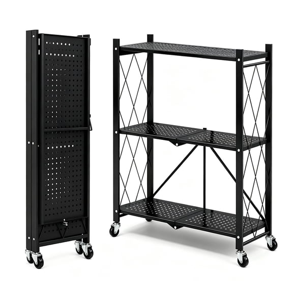 TLCEKVEC 3-Tier Movable Foldable Metal Storage Rack with Casters, Black