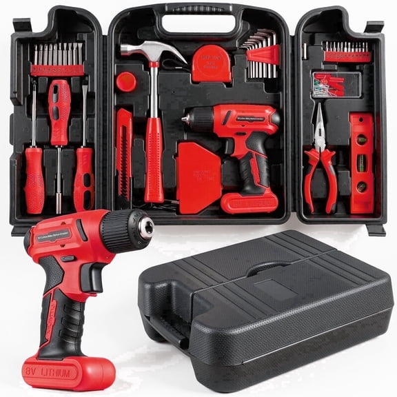 TLGREEN 8V Cordless Drill, 101 Pcs Home Tool Set with Drill, 3/8" Keyless Chuck, USB-C Rechargeable Power Tool Kit with Brushless Motor & Fast Charge, Red