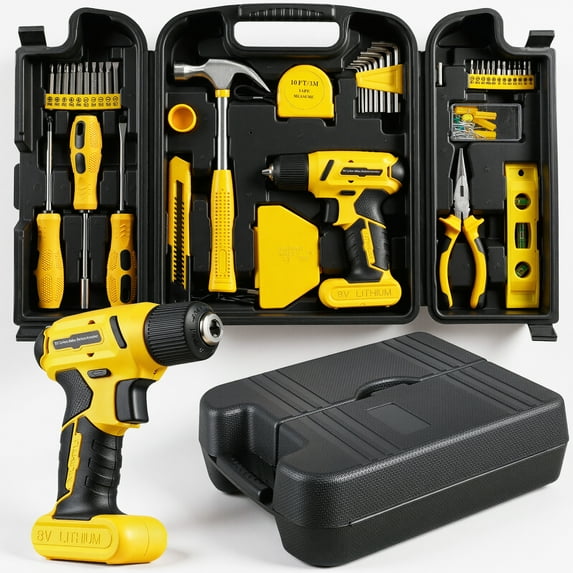 TLGREEN 8V Cordless Drill, 101 Pcs Home Tool Set with Drill, 3/8" Keyless Chuck, USB-C Rechargeable Power Tool Kit with Brushless Motor & Fast Charge, Yellow