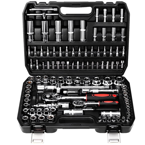 TLGREEN 108 Pcs Mechanic Socket Tool KitCR-V Steel Metric and Standard 1/4" & 1/2" Ratchet set, Universal Joint, Extension Bars,Adapter,Ratchet Wrench,Socket Set for car garage