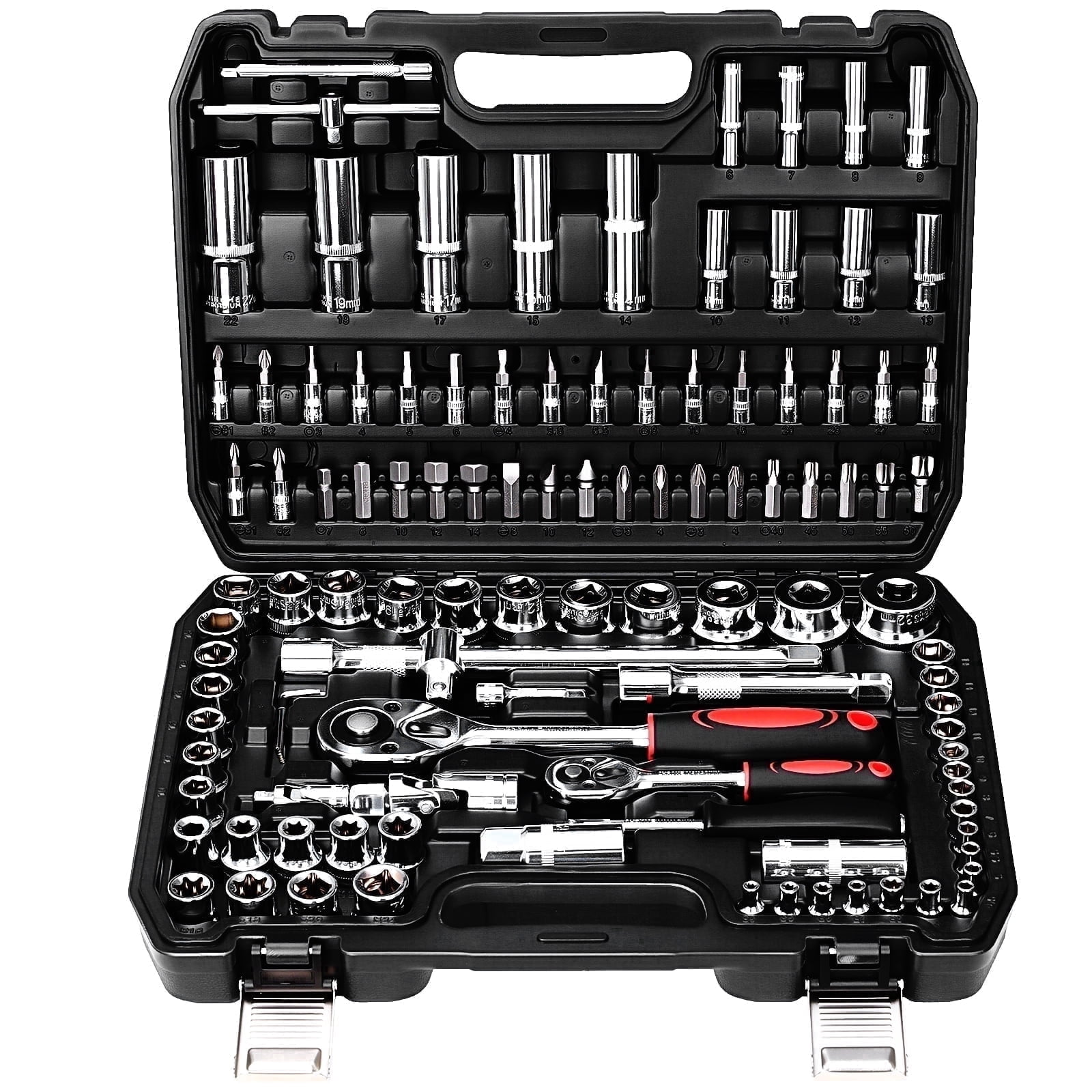 TLGREEN 108 Pcs Mechanic Socket Tool Kit, CR-V Steel Metric and Standard 1/4" & 1/2" Ratchet set, Universal Joint, Extension Bars,Adapter,Ratchet Wrench,Socket Set for Car
