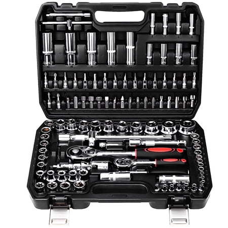 TLGREEN 108 Pcs Mechanic Socket Tool Kit, CR-V Steel Metric and Standard 1/4" & 1/2" Ratchet set, Universal Joint, Extension Bars,Adapter,Ratchet Wrench,Socket Set for Car
