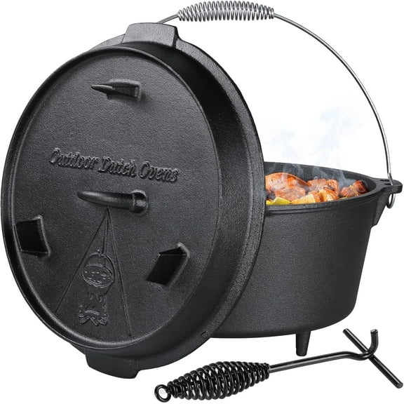 TLGREEN 13.2QT Cast Iron Dutch Oven Pot with Lid Lifter, Stand & Dual Function Lid Griddle