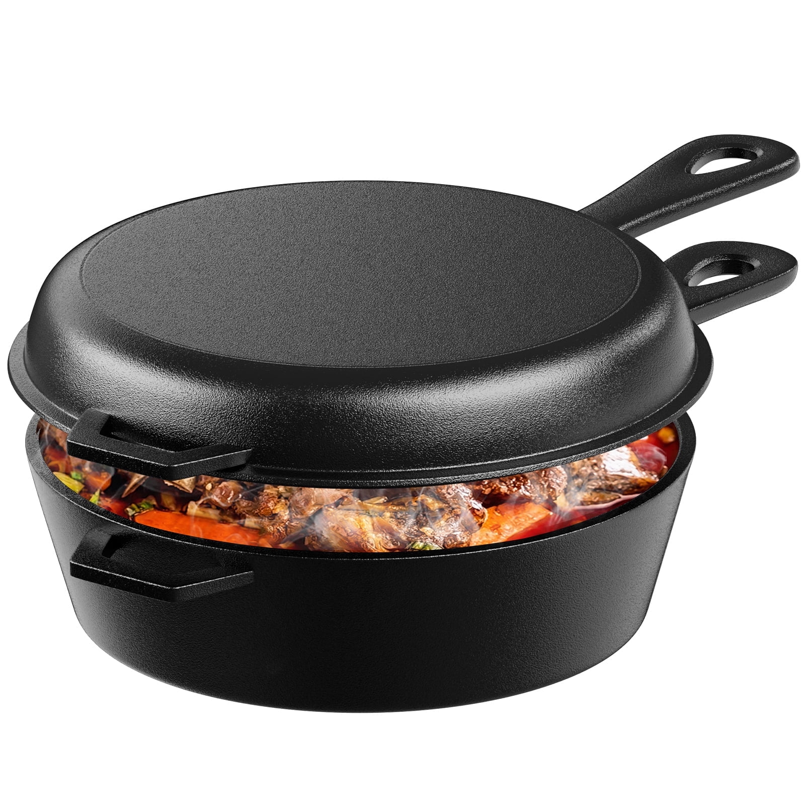 TLGREEN 2-in-1 Cast Iron Dutch Oven Pot, with Skillet & Lid - 2.9 Qt Deep Pot + 1.27 Qt Frying Pan, Versatile for Oven, Stove, Grill, Campfire
