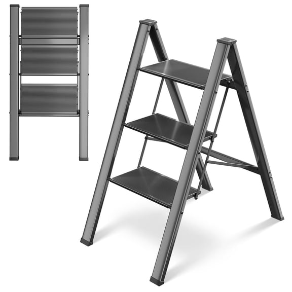 TLGREEN 3 Step Ladder, Aluminum Folding Step Ladder with Anti-Slip Pedal, 330lbs Capacity, Lightweight, for Kitchen, Home, Garage (Black)