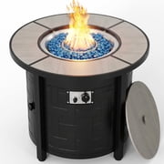 TLGREEN 30" Propane Fire Pit Table with Lid and Blue Stone, 50,000 BTU Auto-Ignition Round Gas Fire Pit for Outdoor, Backyard (Gray)