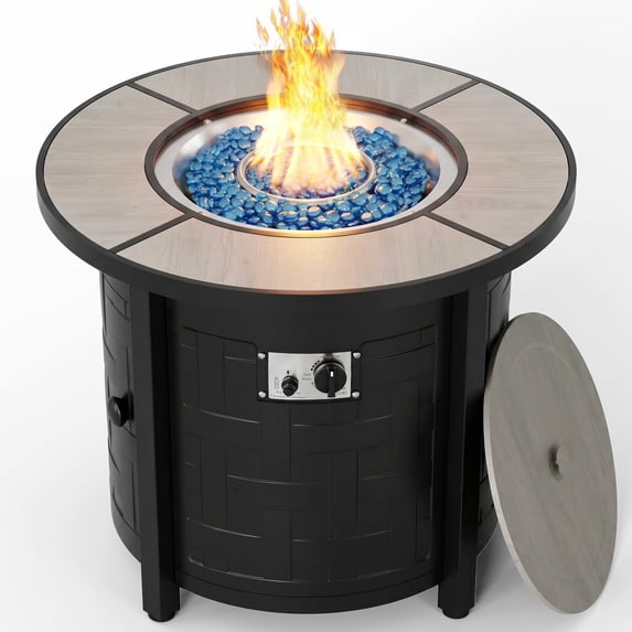 TLGREEN 30" Propane Fire Pit Table with Lid and Blue Stone, 50,000 BTU Auto-Ignition Round Gas Fire Pit for Outdoor, Backyard (Gray)