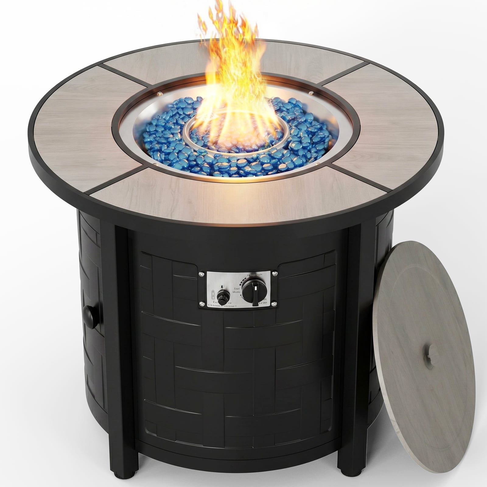 TLGREEN 30" Propane Fire Pit Table with Lid and Blue Stone, 50,000 BTU Auto-Ignition Round Gas Fire Pit for Outdoor, Backyard (Gray)