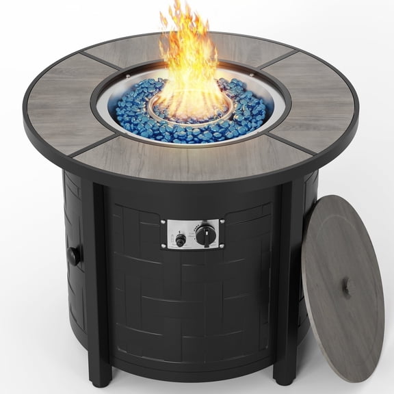 TLGREEN 30" Propane Fire Pit Table with Lid and Blue Stone, 50,000 BTU Auto-Ignition Round Gas Fire Pit for Outdoor, Backyard (Gray)