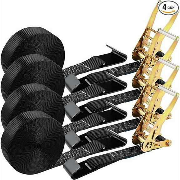 TLGREEN 4 Pack 2 in x 27 FT Flat Hook Ratchet Straps, 11,000 lbs Break Strength, Heavy Duty Tie Down Straps for Trucks, Cargo (Black)