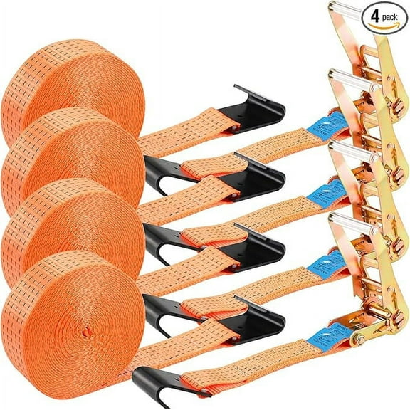 TLGREEN 4 Pack 2 in x 27 FT Flat Hook Ratchet Straps, 11,000 lbs Break Strength, Heavy Duty Tie Down Straps for Trucks, Cargo (Orange)