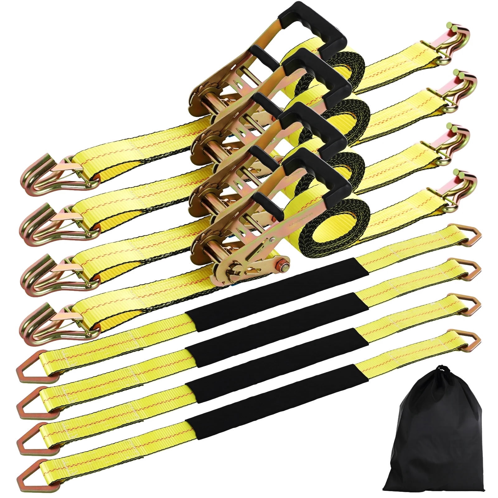 TLGREEN 4 Pack Wheel Straps + Axle Straps Kit for Trailers – 2” x 10’ Ratchet Straps with J Hooks & 36” Axle Straps, 10,000LB Break Strength, Non-Scratch Protection for Truck, SUV, ATV, UTV, Yellow