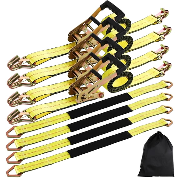 TLGREEN 4 Pack Wheel Straps + Axle Straps Kit for Trailers – 2” x 10’ Ratchet Straps with J Hooks & 36” Axle Straps, 10,000LB Break Strength, Non-Scratch Protection for Truck, SUV, ATV, UTV, Yellow