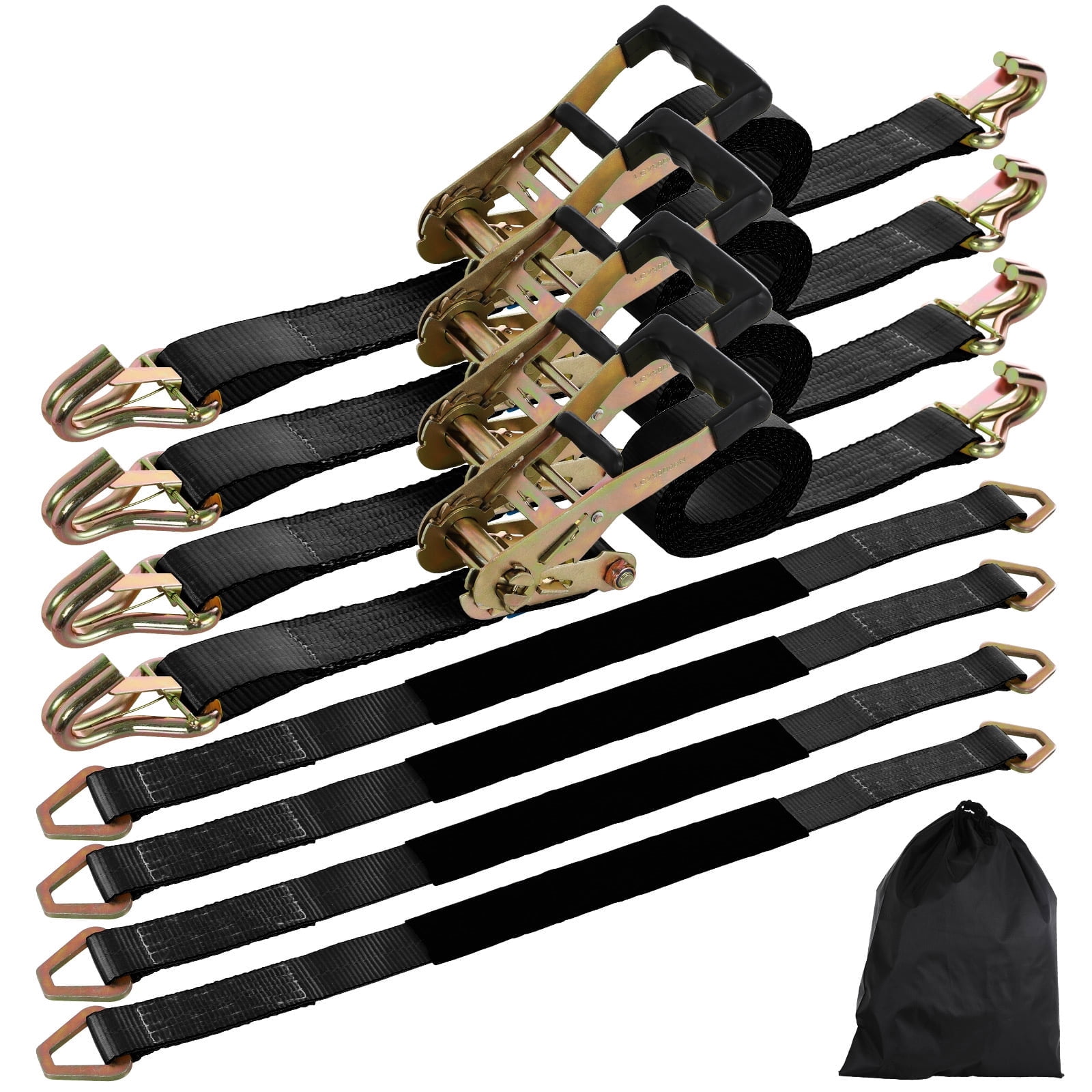 TLGREEN 4 Pack Wheel Straps + Axle Straps Kit for Trailers – 2” x 10’ Ratchet Straps with J Hooks & 36” Axle Straps, 10,000LB Break Strength, Non-Scratch Protection for Truck, SUV, ATV, UTV,Black